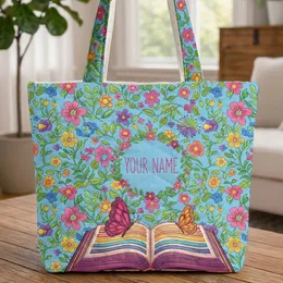 Ornate Open Book Butterflies Floral Leaf Wreath Blooms - Book Lover Gift Quilted Tote Bag