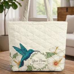 Teal Blue Hummingbird Hibiscus Floral Wreath - Name Gift Wildlife Lover Quilted Tote Bag
