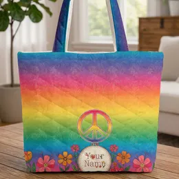 Personalized Peace Sign Rainbow Folk Flowers with Organic Lines - Boho Lifestyle Gift Quilted Tote Bag
