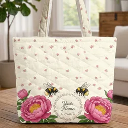 Plump Bumblebees Pink Peonies Green Leaves Floral Wreath - Garden Lover Everyday Gift Quilted Tote Bag