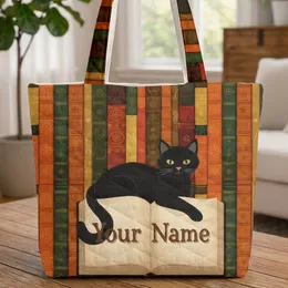 Black Cat Book Spines Open Book - Add Your Name - Book Lover Gift Quilted Tote Bag