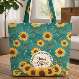 Sunflower Fields Greenery Bouquet Name Floral Wreath - Everyday Tote Quilted Tote Bag