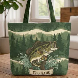 Leaping Bass Fish Water Splash Pine Forest Nature Landscape - Fisherman Outdoorsman Gift Quilted Tote Bag