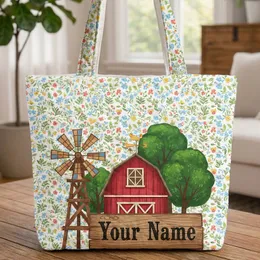 Red Barn Windmill Wildflowers Personalized Farmhouse Decor Gift Quilted Tote Bag