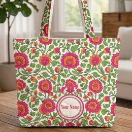 Indian Floral Vines Large Flowers Medallion 'Your Name' - Boho Home Decor Gift Quilted Tote Bag