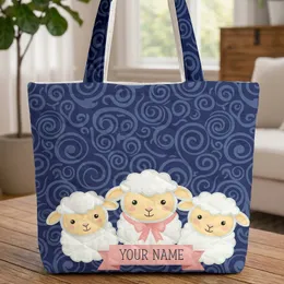 Three Lambs Ribbon Swirling Waves Personalized Baby Nursery Gift for Girls Quilted Tote Bag