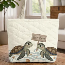 Sea Turtles Starfish Personalized Name Ocean Waves Beach Travel Gift Quilted Tote Bag