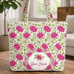 Fuchsia Rose Bloom Olive Leaf Personalized Wreath - Botanical Lover Everyday Carryall Quilted Tote Bag