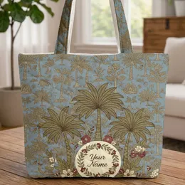 Tropical Trees Exotic Botanical Floral Wreath Personalized Name - Everyday Tote Travel Essentials Quilted Tote Bag