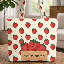 Focal Strawberries Your Name Wooden Sign - Farmhouse Everyday Tote Quilted Tote Bag
