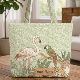Flamingo Parrot Leopard Name Sign Tropical Leaves - Wildlife Lover Gift Quilted Tote Bag