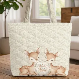 Personalized Baby Deer Botanical Vines Floral Wreath - Everyday Wildlife Gift Quilted Tote Bag