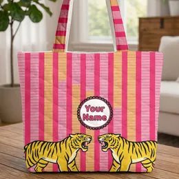 Roaring Tigers Pink Orange Stripes - Wildlife Lover Travel Essential Gift Quilted Tote Bag