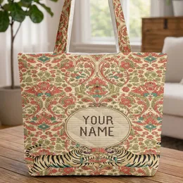 Playful Tigers Indian Floral Paisley Boho Lifestyle Personalized Name Quilted Tote Bag