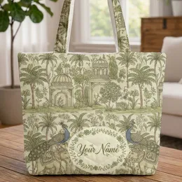 Indian Peacocks Elephants Exotic Garden Floral Wreath - Wildlife Lover Gift Quilted Tote Bag