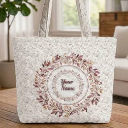 Botanical Wreath Name Circular Floral Leaves Berries - Thoughtful Keepsake Gift Quilted Tote Bag