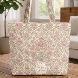 Block Print Botanical Floral Wreath Name Calligraphy - Everyday Tote Gift for Her Quilted Tote Bag