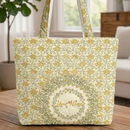 Dense Marigold Floral Vine Medallion Personalized - Boho Lifestyle Gift Quilted Tote Bag