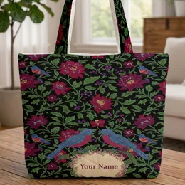 Crimson Steel Blue Songbirds Botanical Floral Wreath Name - Personalized Everyday Gift Quilted Tote Bag
