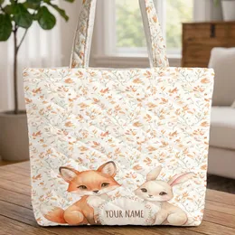 Baby Fox Bunny Autumn Leaves Personalized Floral Wreath Wildlife Lover Gift Quilted Tote Bag