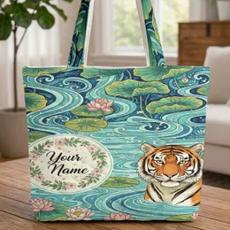 Tiger Lotus Water Ripples Floral Wreath Name - Wildlife Lover Gift Quilted Tote Bag