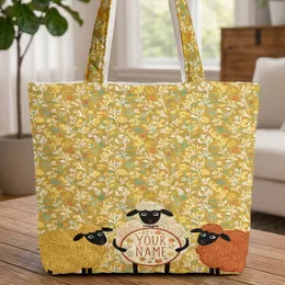 Sheep Botanical Folk Art Name Hoop - Personalized Gift Quilted Tote Bag