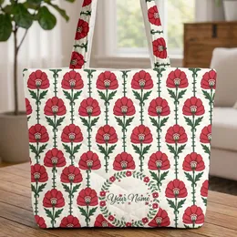 White Background Indian Poppy Flower Leaf Garland Star Wreath - Floral Lover Gift Quilted Tote Bag