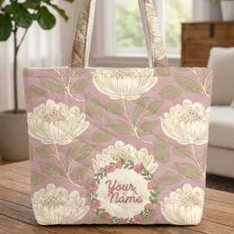 Large Floral Leaves Lush Pink Blossom Green Leaf Wreath - Everyday Tote Gift Quilted Tote Bag