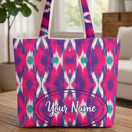 Fuchsia Hot Pink Deep Purple Teal Ikat Oval Cartouche Brush Script Fashion Everyday Tote Quilted Tote Bag