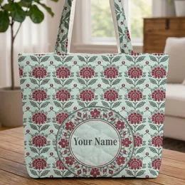 Circular Floral Emblem Maroon Flower Leaf Botanical - Boho Lifestyle Home Decor Gift Quilted Tote Bag