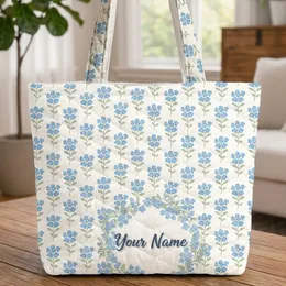 Blue Flowers Green Leaves Personalized Wreath - Everyday Lifestyle Gift Quilted Tote Bag
