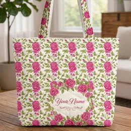 Personalized Garden Floral Wreath Blossoms Berries Foliage Calligraphy Everyday Tote Quilted Tote Bag