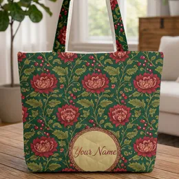 Blooming Roses Floral Leaves Berry Botanical Medallion - Personalized Everyday Gift Quilted Tote Bag