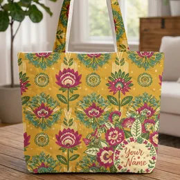 Personalized Name Floral Wreath Botanical Mandala Bouquet - Boho Lifestyle Gift Quilted Tote Bag