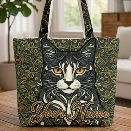Art Nouveau Black Cat Head Piercing Amber Eyes Curling Tendrils Leaves - Everyday Cat Lover Gift Quilted Tote Bag