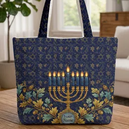 Personalized Name Ornate Menorah Stars of David Botanical Home Decor Gift Quilted Tote Bag