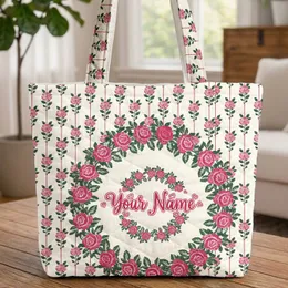 Pink Rose Wreath Twisted Cord Stripes Heart Leaf - Everyday Home Decor Birthday Gift Quilted Tote Bag