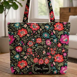 Fuchsia Red-Orange Teal Botanical Wreath Personalized Name - Everyday Tote Gift Quilted Tote Bag