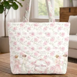 Full Floral Pink Roses Green Sprigs Female Figures Name Wreath - Everyday Tote Quilted Tote Bag