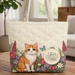 Ginger Cat Floral Garden Blue Butterfly - Personalized Name Home Decor Gift Quilted Tote Bag