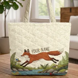 Storybook Leaping Fox Forest River Fern Moss Wild Berries - Wildlife Lover Gift Quilted Tote Bag