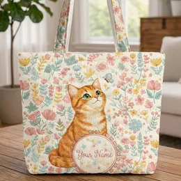 Orange Tabby Cat Blue Butterfly Wildflower Hoop Personalized Cat Lover Gift Quilted Tote Bag