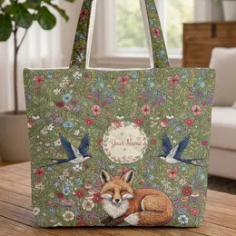 Fox Swallow Birds Wildflower Meadow - Name Wreath Gift Quilted Tote Bag