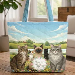 Five Cats Wildflower Meadow Countryside Barn Floral Wreath - Cat Lover Home Decor Gift Quilted Tote Bag