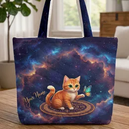 Personalized Orange Tabby Cat Butterfly - Cosmic Galaxy Cat Lover Gift Quilted Tote Bag