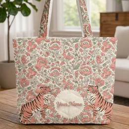Playful Tigers Poppy Floral Botanical Personalized Name - Everyday Carry Wildlife Lover Gift Quilted Tote Bag