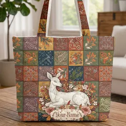 White Deer Oak Leaf Fern Patchwork Flora - Wildlife Lover Everyday Carryall Quilted Tote Bag