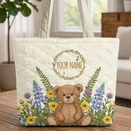 Teddy Bear Floral Wreath Wildflower Meadow - Personalized Keepsake Gift Quilted Tote Bag