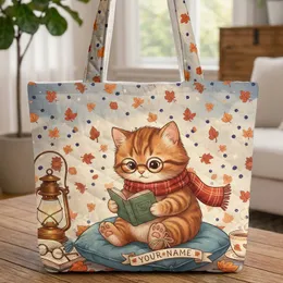Tabby Kitten Reading Book Red Scarf, Autumn Leaves, Starry Sky - Cat Lover Bookworm Gift Quilted Tote Bag