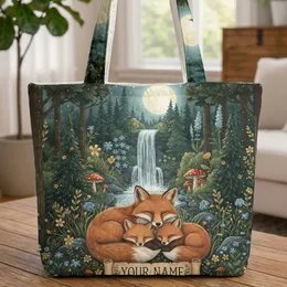 Foxes Moonlit Forest Waterfall Personalized Scroll - Wildlife Lover Gift Quilted Tote Bag